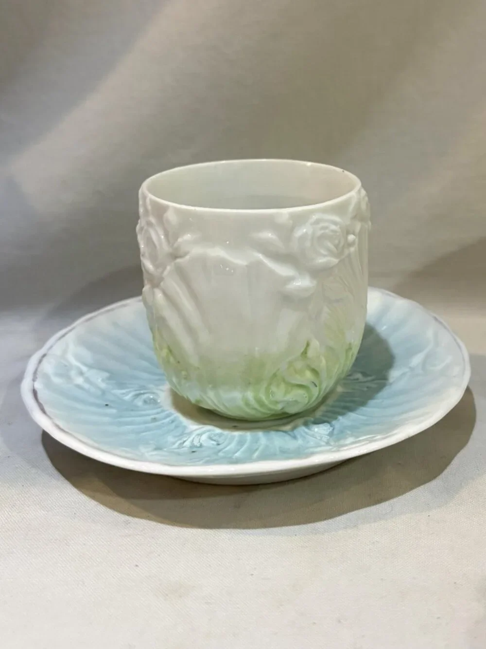 Antique Porcelain Teacup and Saucer Set Embossed Floral Aqua Blue Mint Green